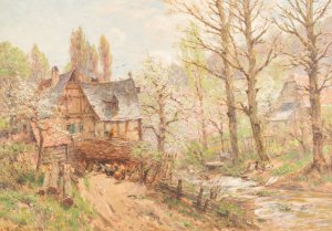 Farmstead in spring by Heinrich Hartung Oil Painting