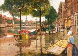 Flower Market in Amsterdam by Heinrich Hermanns Oil Painting
