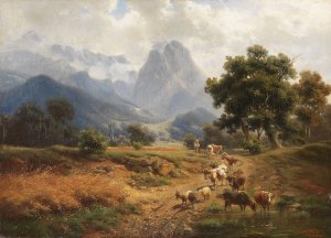 Hirtenjunge mit Vieh bei Partenkirchen mit Blick auf das Wettersteingebirge by Heinrich Hofer Oil Painting