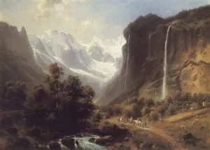 Travellers on a Mountainous Path by the Staubachfall near Lauterbrunnen by Heinrich Hofer Oil Painting