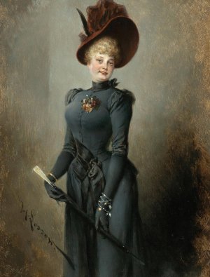 Portrait of a Lady in a Black Dress with a Burgundy Hat and Umbrella by Heinrich Lossow Oil Painting