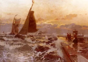 Sailing Ships Returning In Heavy Seas by Heinrich Petersen-Angeln Oil Painting
