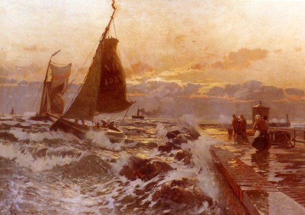 Sailing Ships Returning In Heavy Seas by Heinrich Petersen-Angeln - Hand-Painted Oil Painting Reproduction