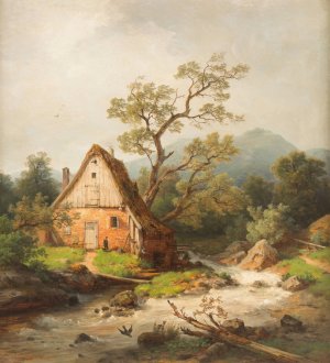 Romantic watermill by a stream by Heinrich Steinike Oil Painting