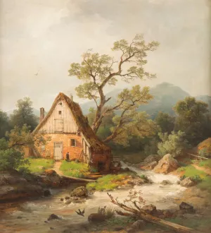 Romantic watermill by a stream Oil painting by Heinrich Steinike
