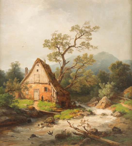 Romantic watermill by a stream by Heinrich Steinike - Hand-Painted Oil Painting Reproduction