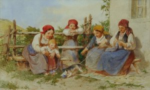 Frauen und Kinder mit spielender Katze by Heinrich Stohl Oil Painting