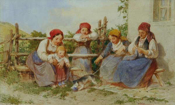 Frauen und Kinder mit spielender Katze by Heinrich Stohl - Hand-Painted Oil Painting Reproduction