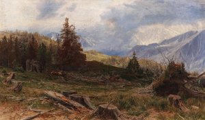 Hirsch in Weiter Landschaft mit Windbruch by Heinrich Tomec Oil Painting
