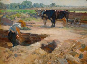 A peat digger with a team of oxen by Heinrich Von Zugel Oil Painting