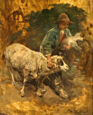 A shepherd boy with a lambkin and a sheep by Heinrich Von Zugel Oil Painting