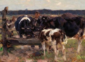 A Shepherd with Cows near a Watering Place by Heinrich Von Zugel Oil Painting