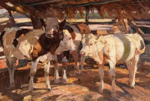 Drei Kalber bei der Futterraufe Oil painting by Heinrich Von Zugel