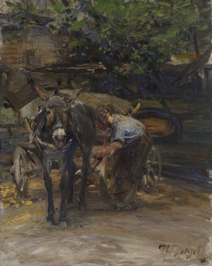 Eselfuhrwerk beim Anschirren by Heinrich Von Zugel Oil Painting