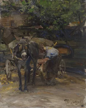 Eselfuhrwerk beim Anschirren Oil painting by Heinrich Von Zugel