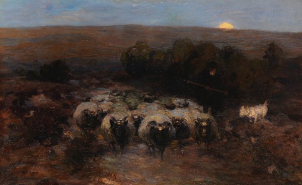 Heimkehrende Heidschnuckenherde bei Mondaufgang  by Heinrich Von Zugel - Hand-Painted Oil Painting Reproduction