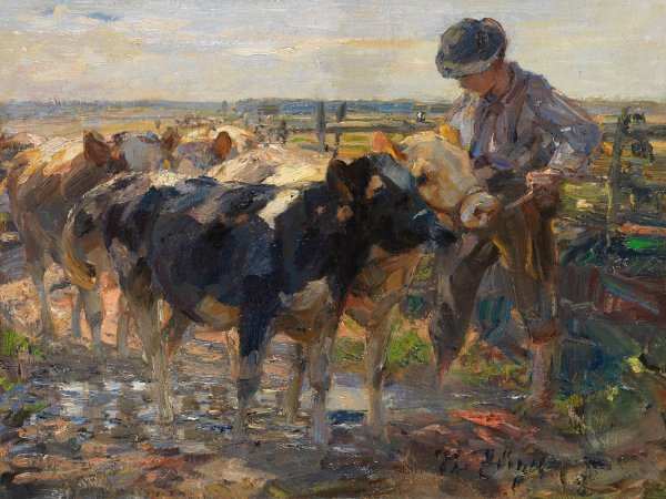 Main Product Photo of Hirte mit Jungrindern  Painting by Heinrich Von Zugel