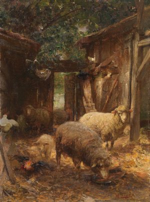 Schafe und Lammer beim Huhnerstall by Heinrich Von Zugel Oil Painting