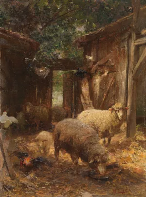 Schafe und Lammer beim Huhnerstall by Heinrich Von Zugel Oil Painting