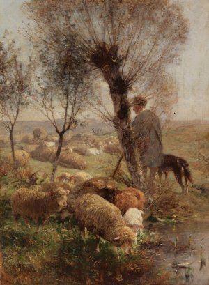 Schafer mit Hund und Herde unter Weidenbaumen am Wasser by Heinrich Von Zugel Oil Painting
