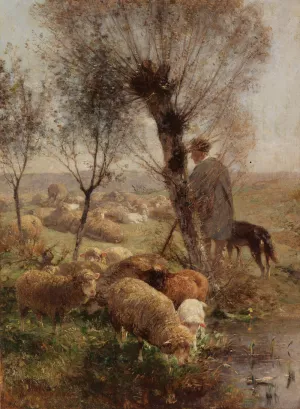Schafer mit Hund und Herde unter Weidenbaumen am Wasser by Heinrich Von Zugel Oil Painting