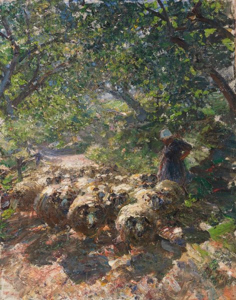 Main Product Photo of Schafherde mit Hirtin im schattigen Hohlweg  Painting by Heinrich Von Zugel
