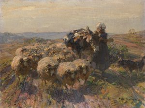 Schafherde mit Hirtin und Esel auf dem Feld by Heinrich Von Zugel Oil Painting