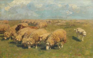 Schafherde mit Hutehund auf der Weide Oil painting by Heinrich Von Zugel