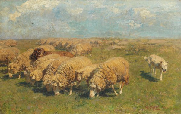 Main Product Photo of Schafherde mit Hutehund auf der Weide  Painting by Heinrich Von Zugel