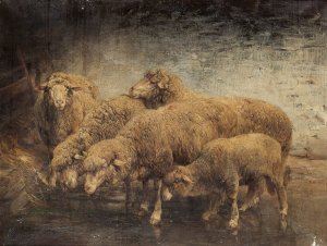 Sheep In A Barn by Heinrich Von Zugel Oil Painting