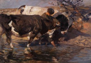 Treiber mit zwei Rindern an der Furt by Heinrich Von Zugel Oil Painting