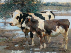 Two Cows By The Water by Heinrich Von Zugel Oil Painting