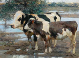 Two Cows By The Water by Heinrich Von Zugel Oil Painting