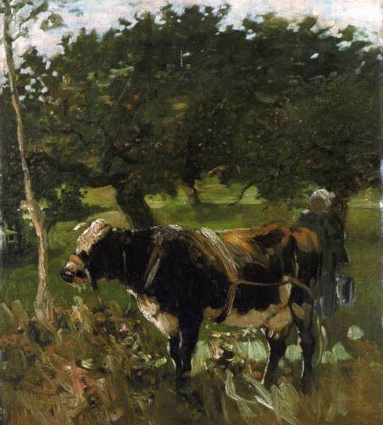 Cow and Milkmaid by Heirich Von Zugel - Hand-Painted Oil Painting Reproduction