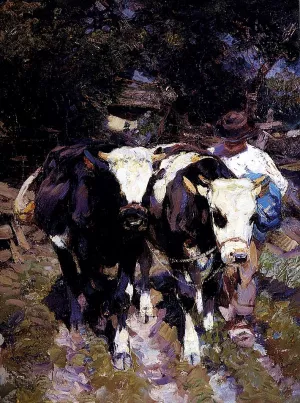 Two Harnessed Calves by Heirich Von Zugel - Oil Painting Reproduction