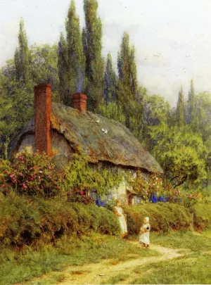 Children on a Path Outside a Thatched Cottage, West Horsley, Surrey by Helen Allingham Oil Painting