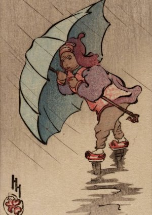 The Blue Umbrella by Helen Hyde Oil Painting