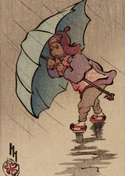The Blue Umbrella  by Helen Hyde - Hand-Painted Oil Painting Reproduction