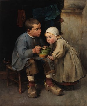 A Boy Feeding His Little Sister by Helene Schjerfbeck Oil Painting