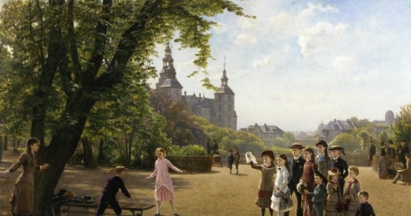 Ludvig Dahl's Children playing in Kongens Have Park with King Christian IV's Summer Residence Rosenborg Slot Beyond, Copenhagen by Helmuth Dirckinck-Holmfeld - Hand-Painted Oil Painting Reproduction