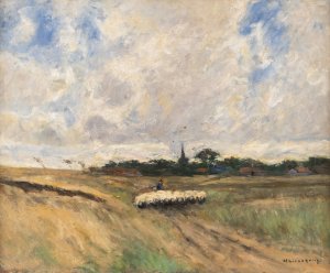 Shepherd with flock in stormy landscape by Helmuth Liesegang Oil Painting