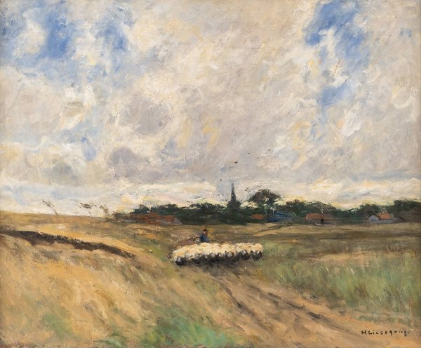 Shepherd with flock in stormy landscape by Helmuth Liesegang - Hand-Painted Oil Painting Reproduction