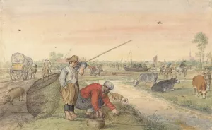 Landscape with Two Eel Fishermen by a Ditch by Hendrick Avercamp Oil Painting