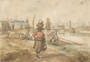 River Landscape with a Woman Carrying a Basket on her Head, Fishermen and Other Figures near the Walls of a Town by Hendrick Avercamp Oil Painting