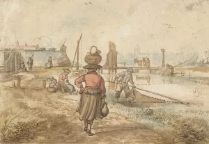 River Landscape with a Woman Carrying a Basket on her Head, Fishermen and Other Figures near the Walls of a Town by Hendrick Avercamp Oil Painting