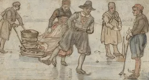 Skaters on the Ice, a Man Pushing a Sledge and a Kolf-player by Hendrick Avercamp Oil Painting