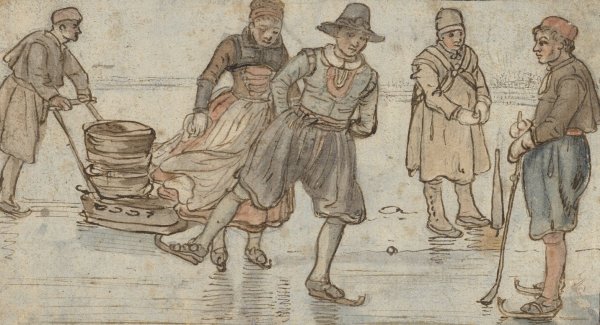 Main Product Photo of Skaters on the Ice, a Man Pushing a Sledge and a Kolf-player  Painting by Hendrick Avercamp