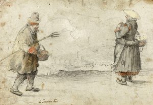 Studies of a Man and a Woman Standing on the Bank of a Frozen River, with a Town in the Distance by Hendrick Avercamp Oil Painting