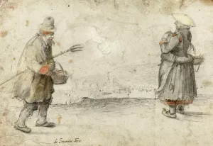Studies of a Man and a Woman Standing on the Bank of a Frozen River, with a Town in the Distance by Hendrick Avercamp Oil Painting