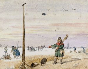 Winter Landscape with a Duck Hunter with Game in his Belt and his Gun over his Shoulder on the Bank of a Frozen River by Hendrick Avercamp Oil Painting